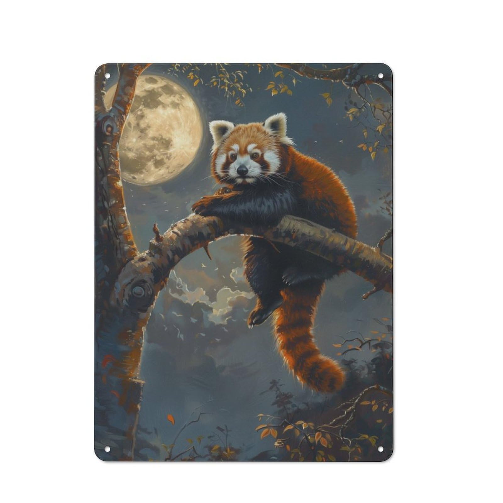 Distressed Look Red Panda Moon Tree Night Decorative Tin Sign 40x30cm, Retro Room Decor for Lounge, Study, Pub Or Wall Gallery