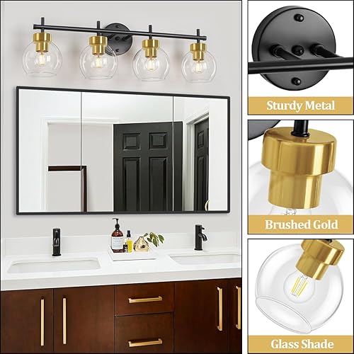 Miniatura 4 de Lámparas de baño negras, 3 luces de tocador de baño con pantalla de vidrio blanco leche, luz de globo moderno negro mate sobre espejo, luces de baño