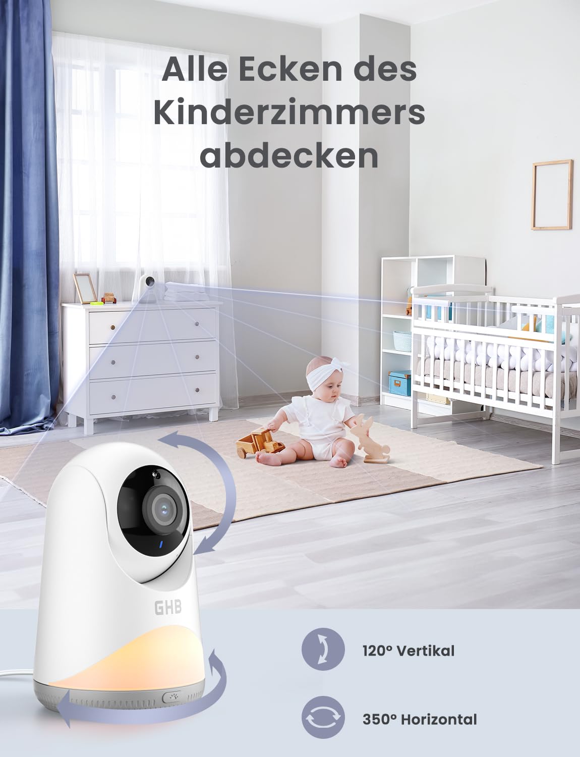 GHB Babyphone mit Kamera 5'' HD IPS Bildschirm 720P 3050mAh VOX Modus 3X Zoom Nachtsicht Gegensprechfunktion 8 Wiegenlieder 4 Kamera Unterstützt