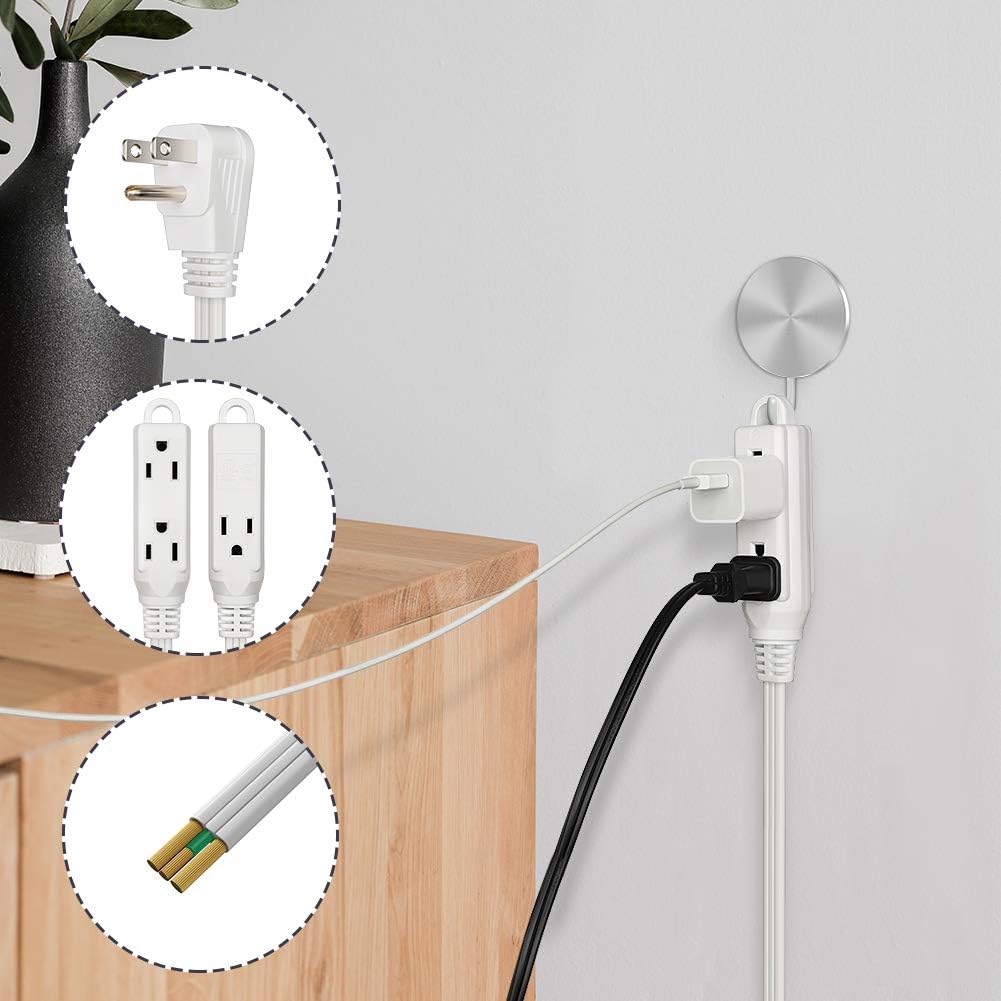 DEWENWILS 3 Outlet Extension Cord with Flat Plug, 8FT 16/3 Awg Power Cable for Indoor Use, SPT-3 Cord, White, ETL Listed, 2 Pack