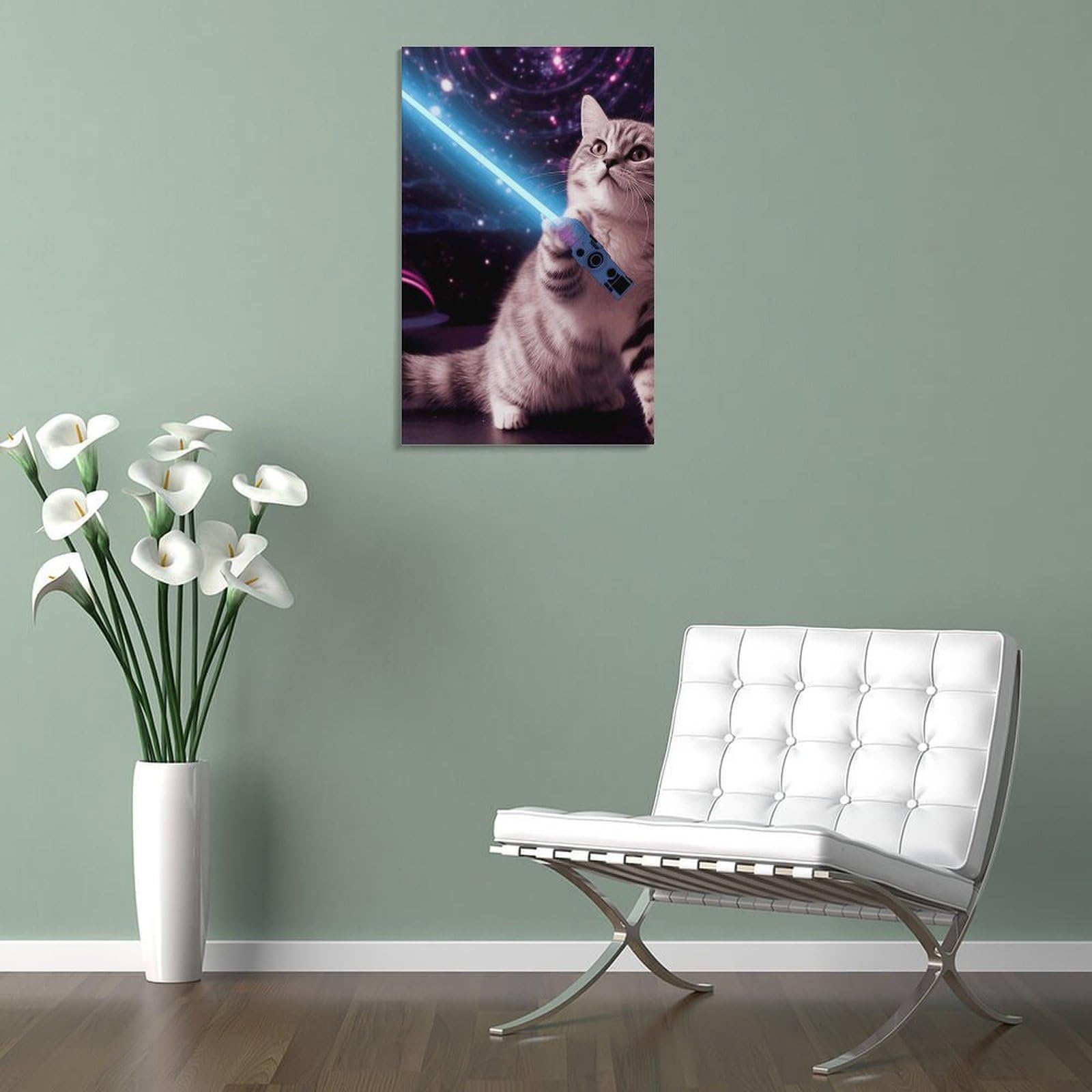 HEBVNJF Leinwandbild, Kunstwerk, Weltraum, Laserkatze, Neuheit, niedlich, lustig, Wandkunst, Wandkunstdruck, Poster für Wohnzimmer, Dekoration, Schlafzimmer, Büro