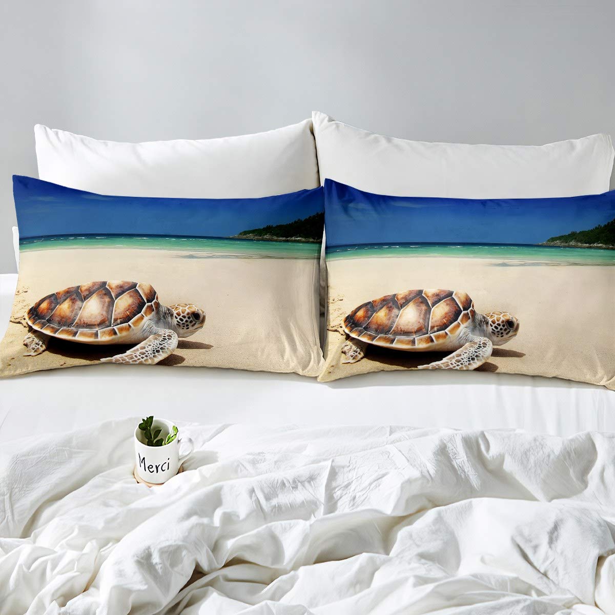 Copripiumino Queen Size Con Tartarughe Marine | Set 4 Pezzi In Microfibra 3D | Tema Oceano Tropicale Per Bambini E Ragazzi | 228x228 Cm + Federe