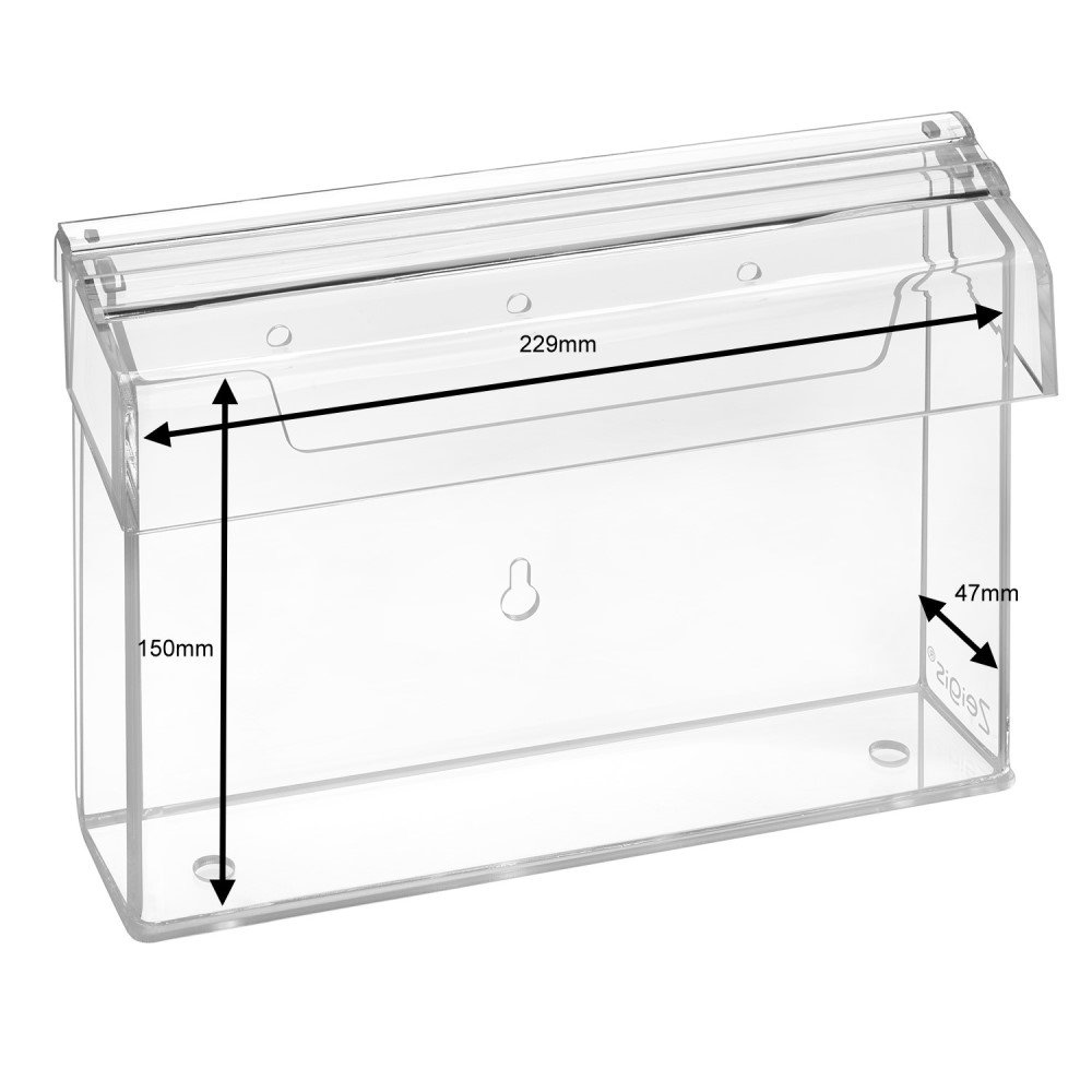Zeigis DIN A5 Prospektbox/Prospekthalter/Flyerhalter im Querformat, wetterfest, für Außen, mit Deckel, aus glasklarem Acrylglas