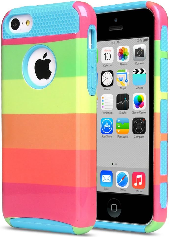 ULAK iPhone 5C case 2 in 1 Shield Series Colorful Hybrid Case for Apple iPhone 5C with Rugged TPU Inner Case + Patterned PC Hard Cover (Rainbow + Lightblue)