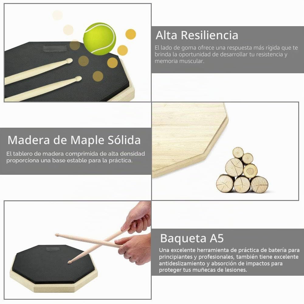 Pad Practica Bateria 8” Silencioso Drum Practice Pad de Doble Superficie con 2 Baquetas 5A de Madera Almohadilla de Practica Kit de Batería Pad de Estudio para Practicar Batería, Batir Tambor