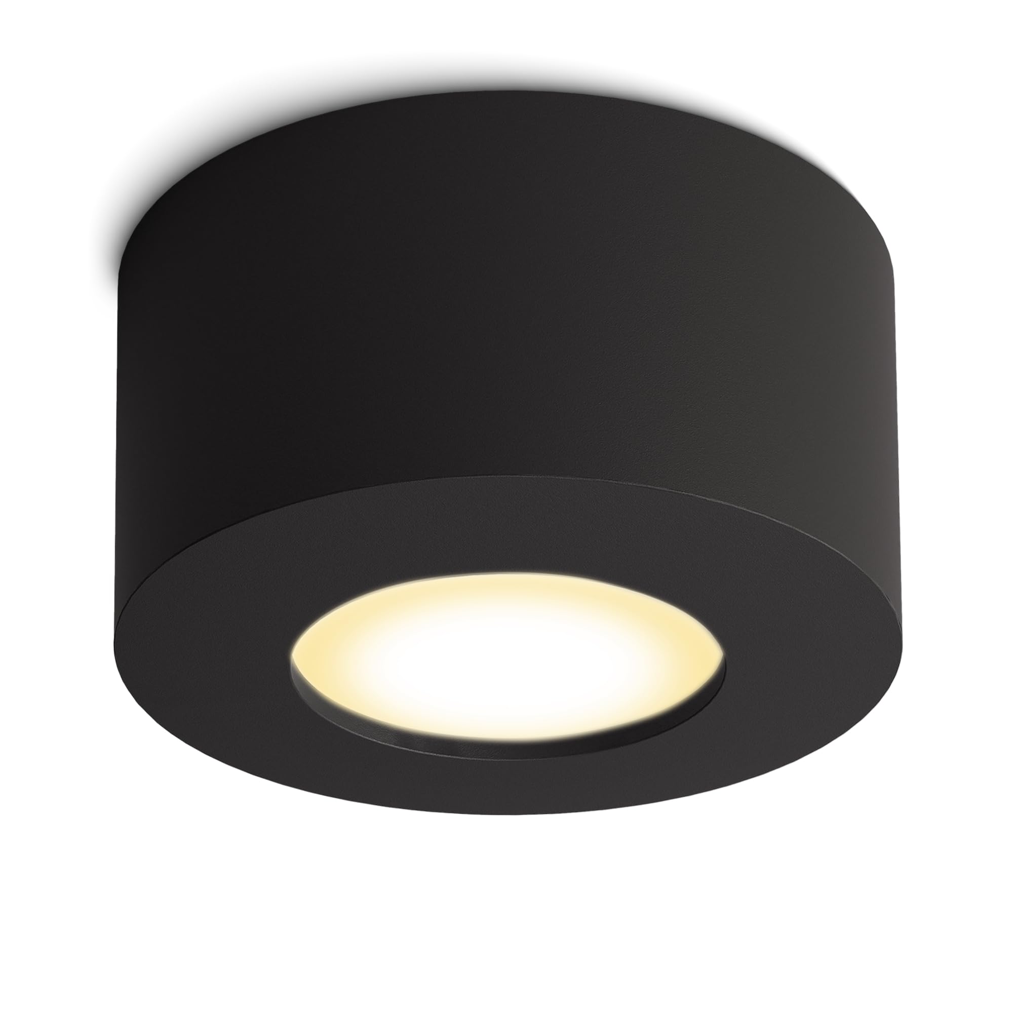 linovum TASI Aufbauspot schwarz rund flach Ø108mm 6W warmweiß Lichtfläche | Flacher Deckenspot schwarz - gewölbte Leuchtfläche, warmweiß, für Wohnzimmer, Flur & Büro, direkt an 230V, festverbaute LED