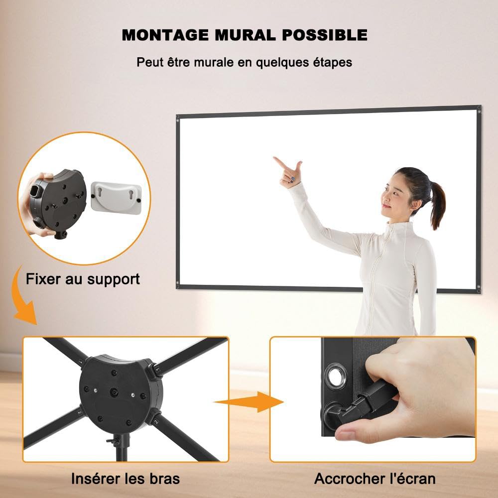 Écran de Projection Extérieur 100 Pouces 16:9, Écran de Projection avec Support, Gain Élevé, Résistant au Vent, Écran pour Projecteur, pour Home Cinéma, Jardin et Camping, Cordages et Piquets Inclus.