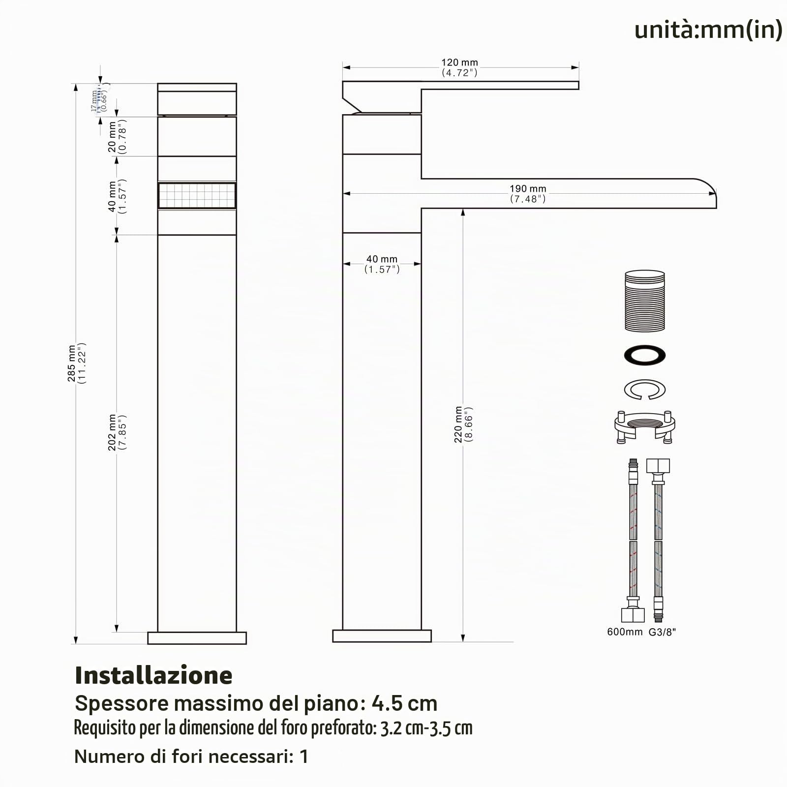 Rubinetto Bagno Lavabo Alto, Rubinetto per Lavabo Girevole a 360°, Miscelatore Monocomando Lavabo Cascata, Fredda e Calda Regolabile, Nero, 6M3OK-T