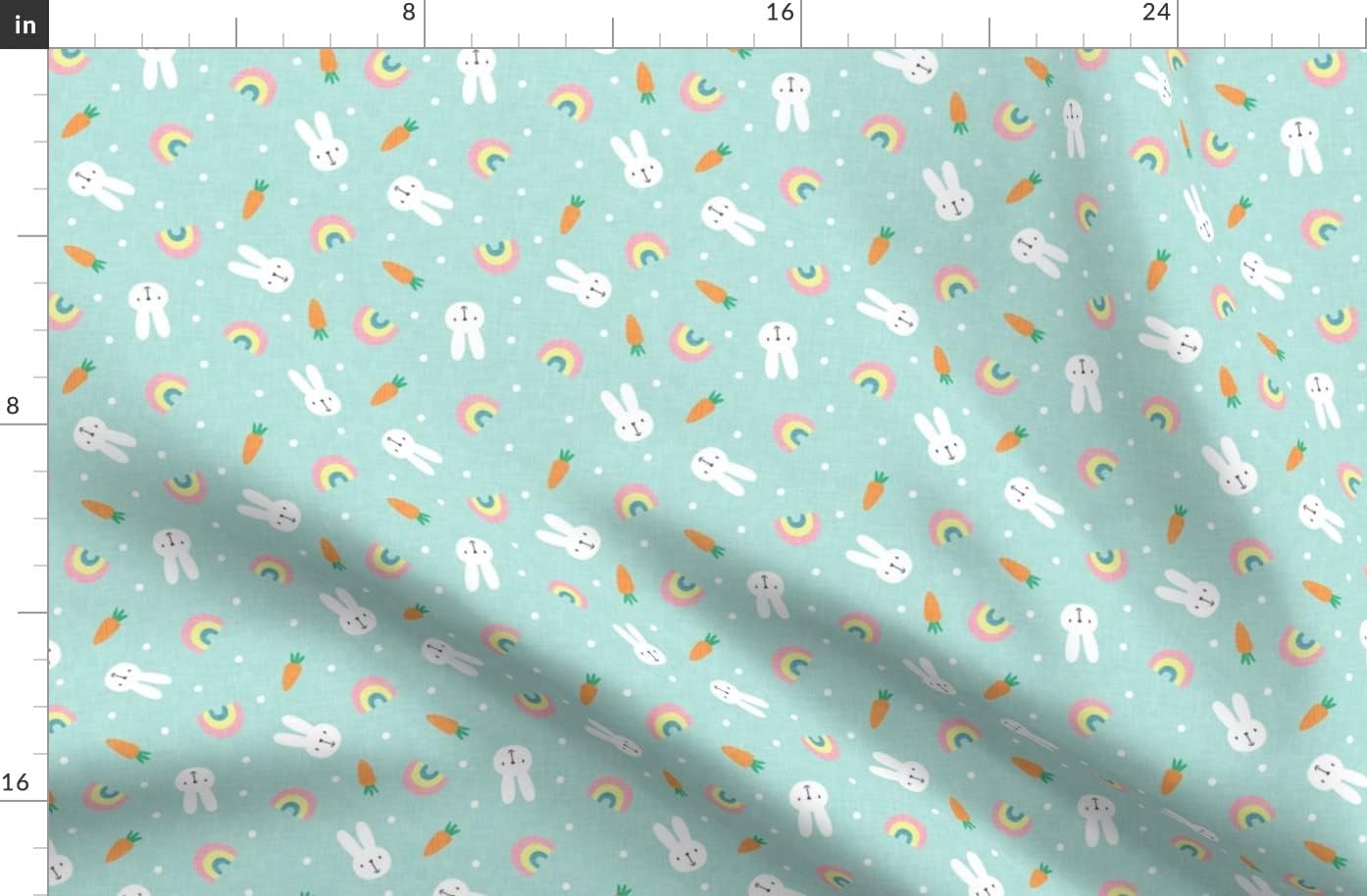 Spoonflower Fabric - Bunnies Rainbows Pastels Aqua Spring Easter Teal Bunny Carrot Printed on Organic Cotton Sateen Fabric by The Yard - Sewing Quilting Apparel Home Decor