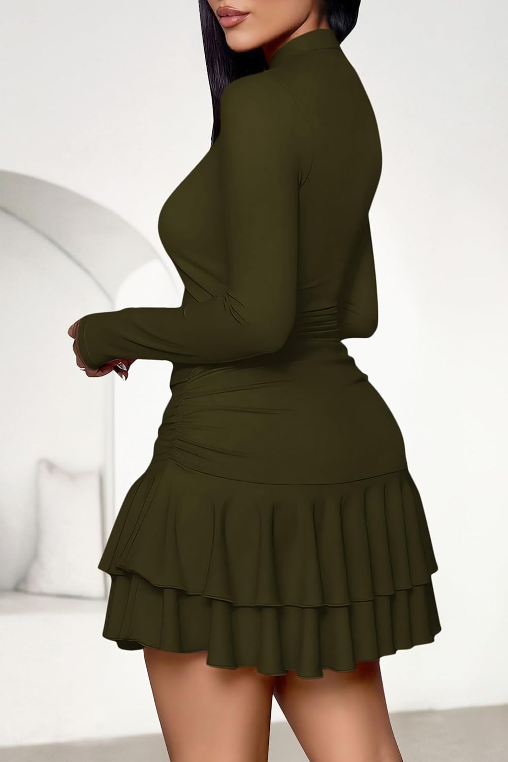 PRETTYGARDEN Womens Spring Long Sleeve Dresses 2026 Mock Neck Ruched Y2K Clothes Ruffle Layered Bodycon Mini Party Dress - Image 5