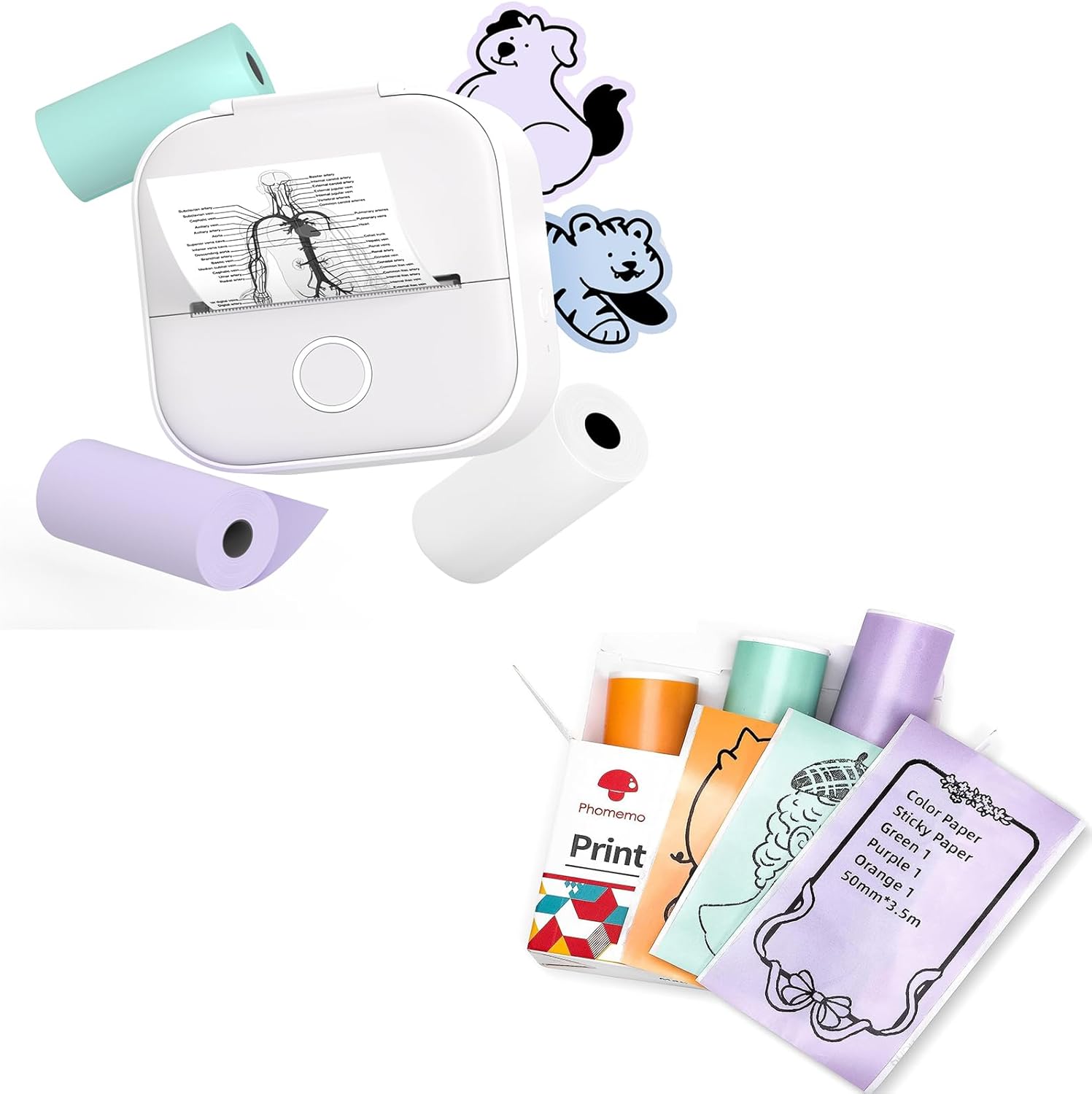 Phomemo T02 Printers Set with 3 Rolls Paper Inkeless Printer- Mini Printer Sticker Maker Bluetooth Thermal Pocket Printers for Study Notes, Stickers, Photos, DIY Printing, for Birthday, White