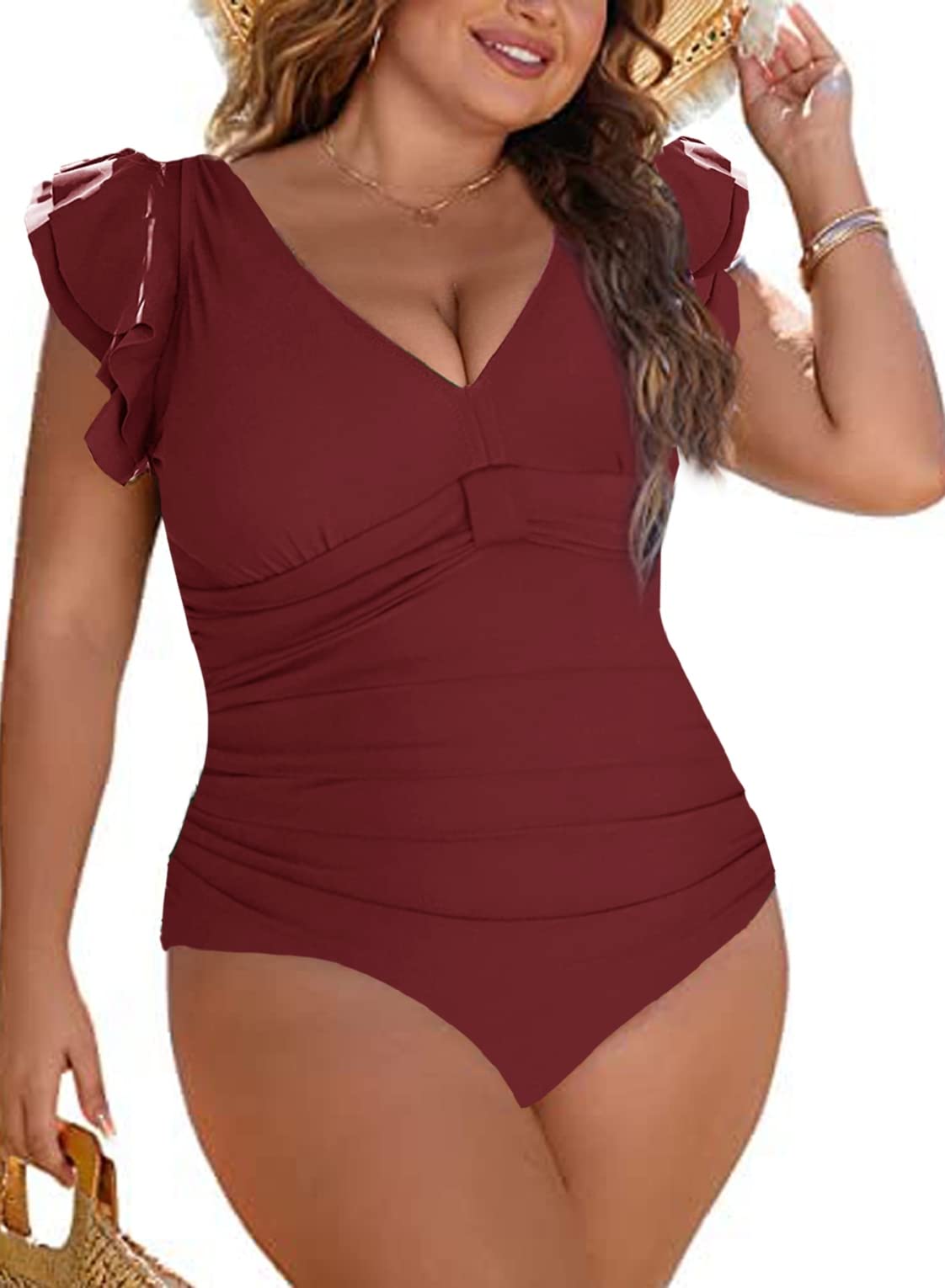 Joligiao Mujer Bañadores Traje de Baño Una Pieza Tallas Grandes Barriga Bañadores Cintura Alta Cuello en V Fruncido Monokini Volantes Ropa de Baño Playa Push up Bañador Reductor