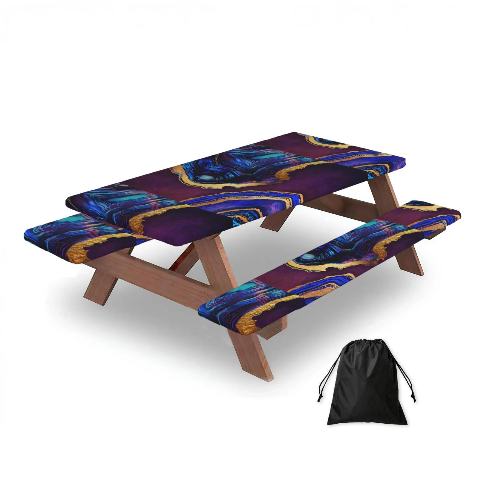 Dopklna As Picture Agate Abstract Purple, Blue, Gold, Picnic Table Cover With Bench Covers -Waterproof Elastic Fitted Tablecloth For Garden Camping Patio 76X152cm