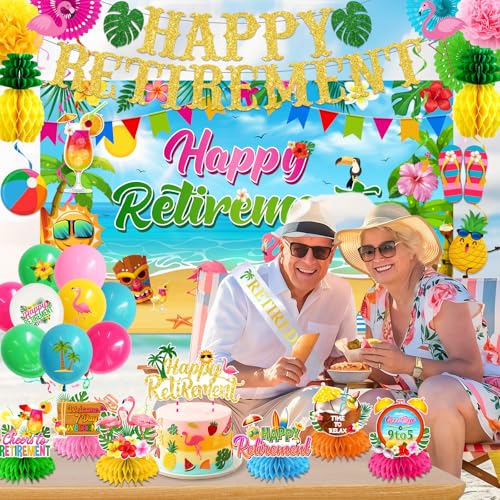 Image of Beach Retirement Party Decorations, Aloha Party Decorations includes Happy Retirement Banner Hawaiian Backdrop and Hanging Swirls Honeycomb Centerpieces, for Aloha Decor