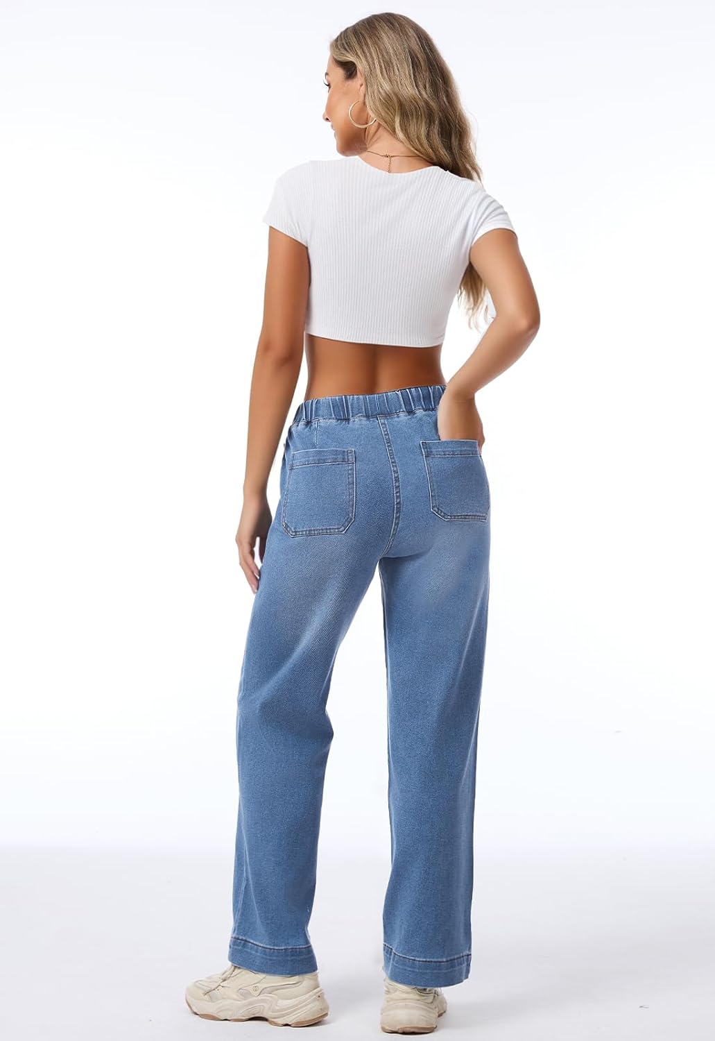 Metietila Pull-on Jeans for Women Straight Leg Elastic Waist Jeans Stretchy Loose High Waisted Denim Pants with Drawstring - Image 5