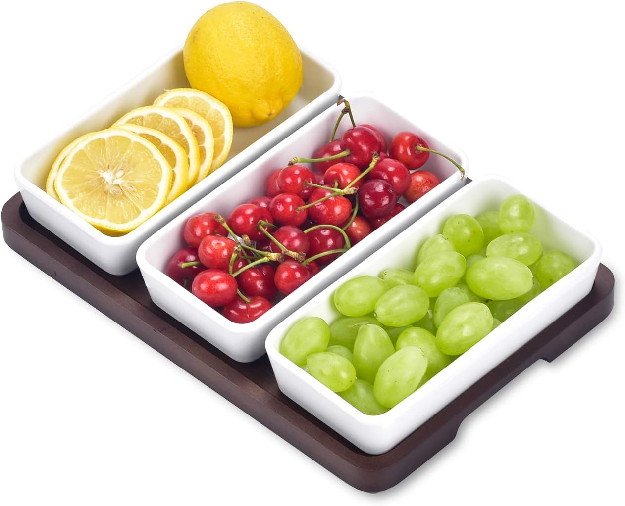 Creamic Snack Serving Tray 3 Pieces Long Strip Ceramic Bowls and A Brown Trays, Movable Moisture-Proof Food Bowls, Can Dress up Snacks, Fruits, Condiments, Bread, Barbecue, appetizers