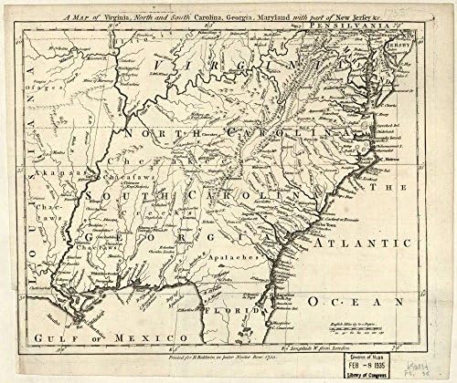 Vintage 1755 Map of A map of Virginia, North and South Carolina, Georgia, Maryland with part of New Jersey &c. - Shows provinces, coastal towns and a few frontier settlements, Indian villages and tr