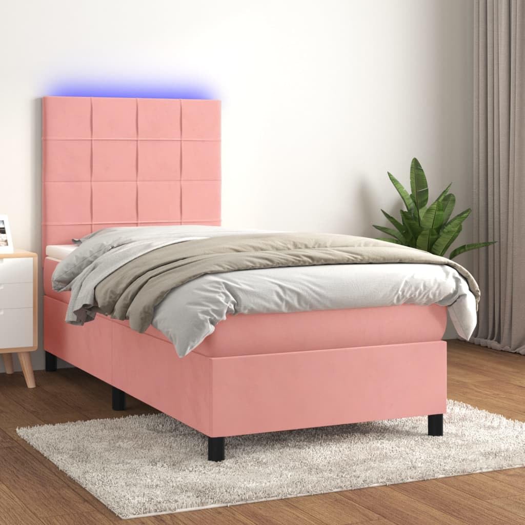 Cama con somier rosa de 90 x 190 cm con LED y colchón, funda de terciopelo de lujo, cabecero regulable en altura, ahorra espacio, cama individual para jóvenes y dormitorios de invitados
