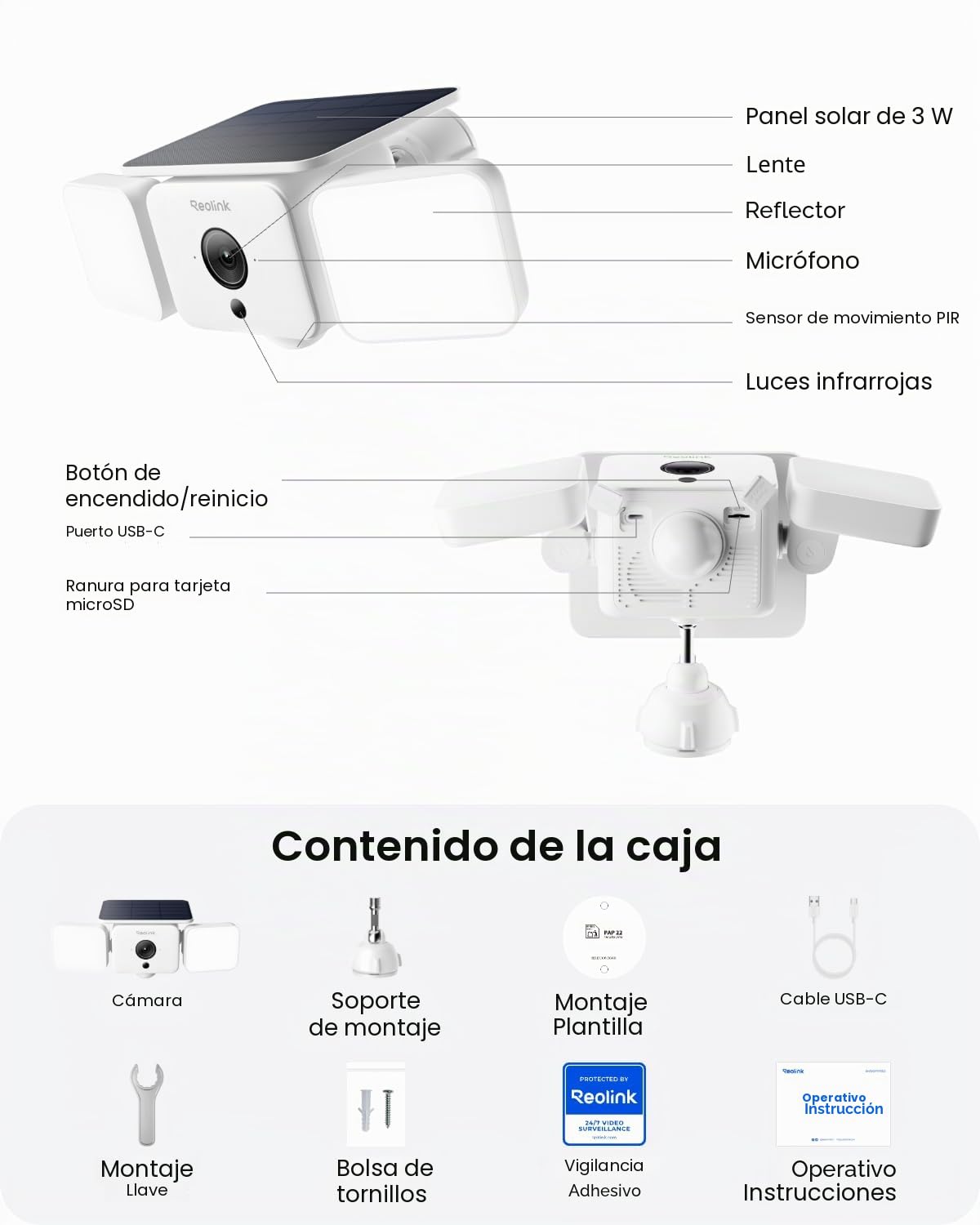 Reolink Cámara de Seguridad Inalámbrica Exterior, Cámara Solar 1000 Lúmenes | Resolución 2K y Ángulo de Visión 150°, Cámara Solar con Foco Todo en Uno, Detección IA/PIR, Visión Nocturna a Color, Wi-Fi 6