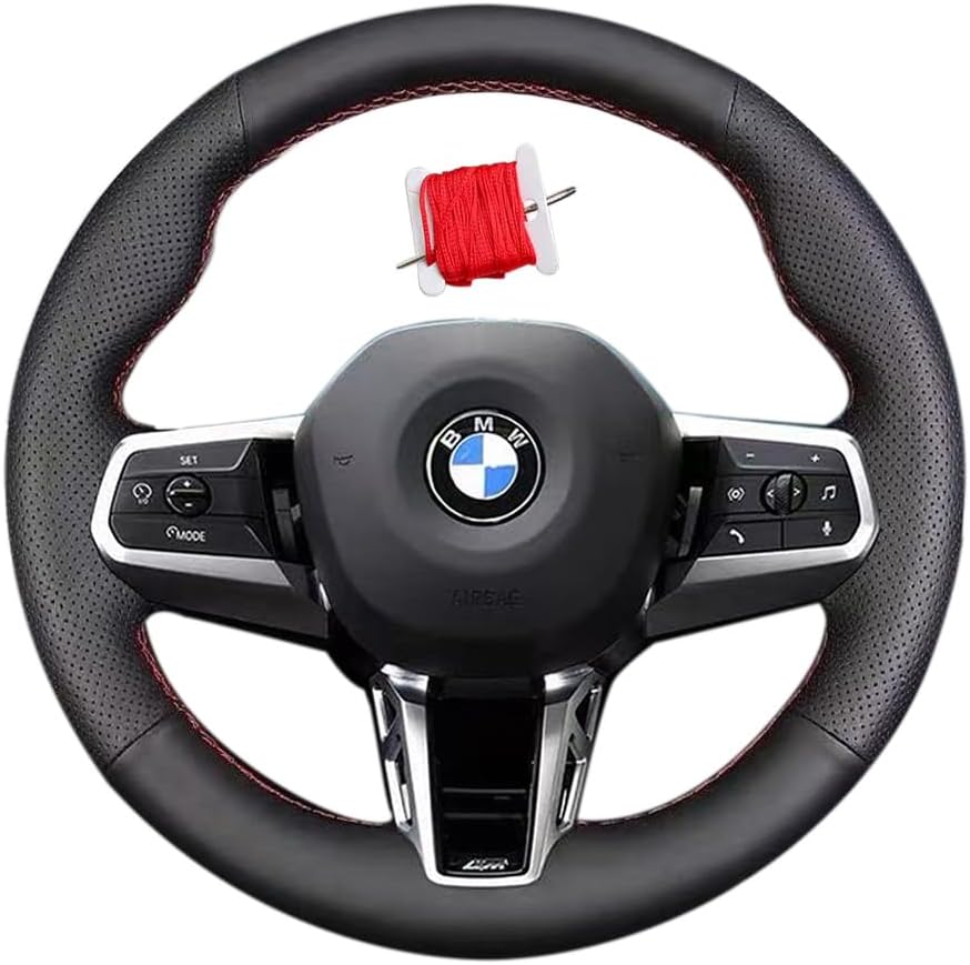 Hand Sewn Black Genuine Leather Perforated Leather Interior Protection Accessory for car Steering Wheel Cover, for BMW (M Sport) 2 Series U06 (Active Tourer) 2022-2024 X1 U11 iX1 U11 X2 U10 iX2 U10