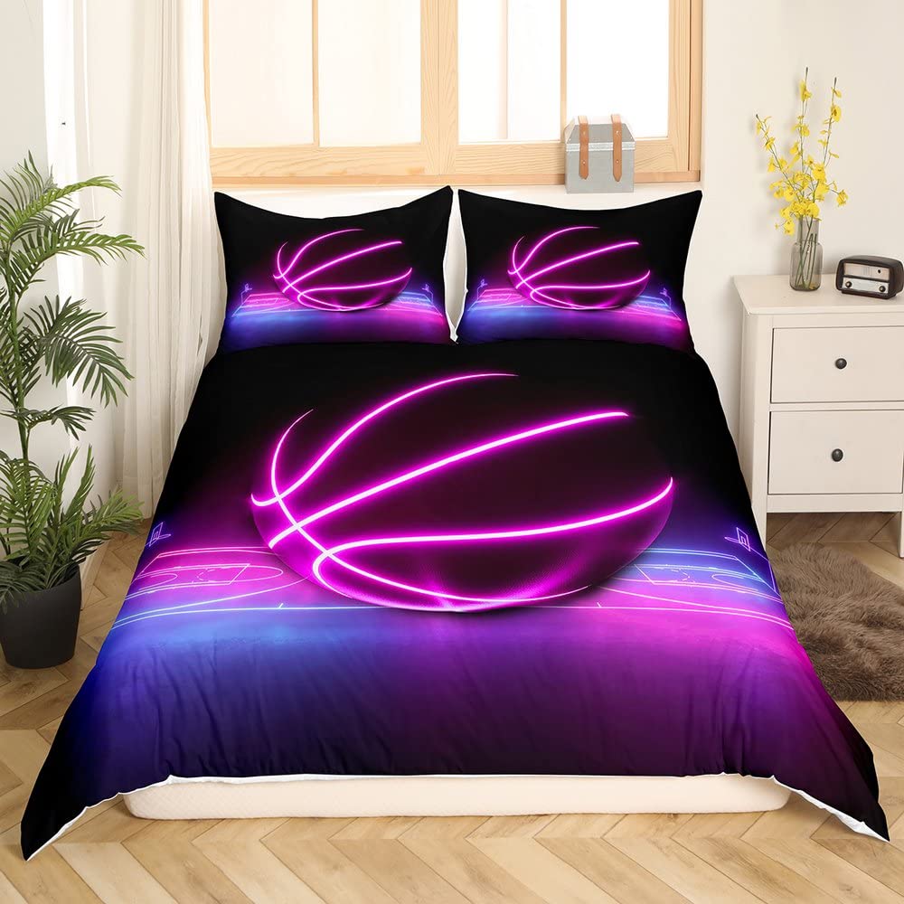 Juego de ropa de cama de baloncesto 140 x 200 para niños y niñas y niños funda nórdica para cancha de baloncesto degradado de neón, juego de ropa de cama de deporte, decoración azul y rosa para el