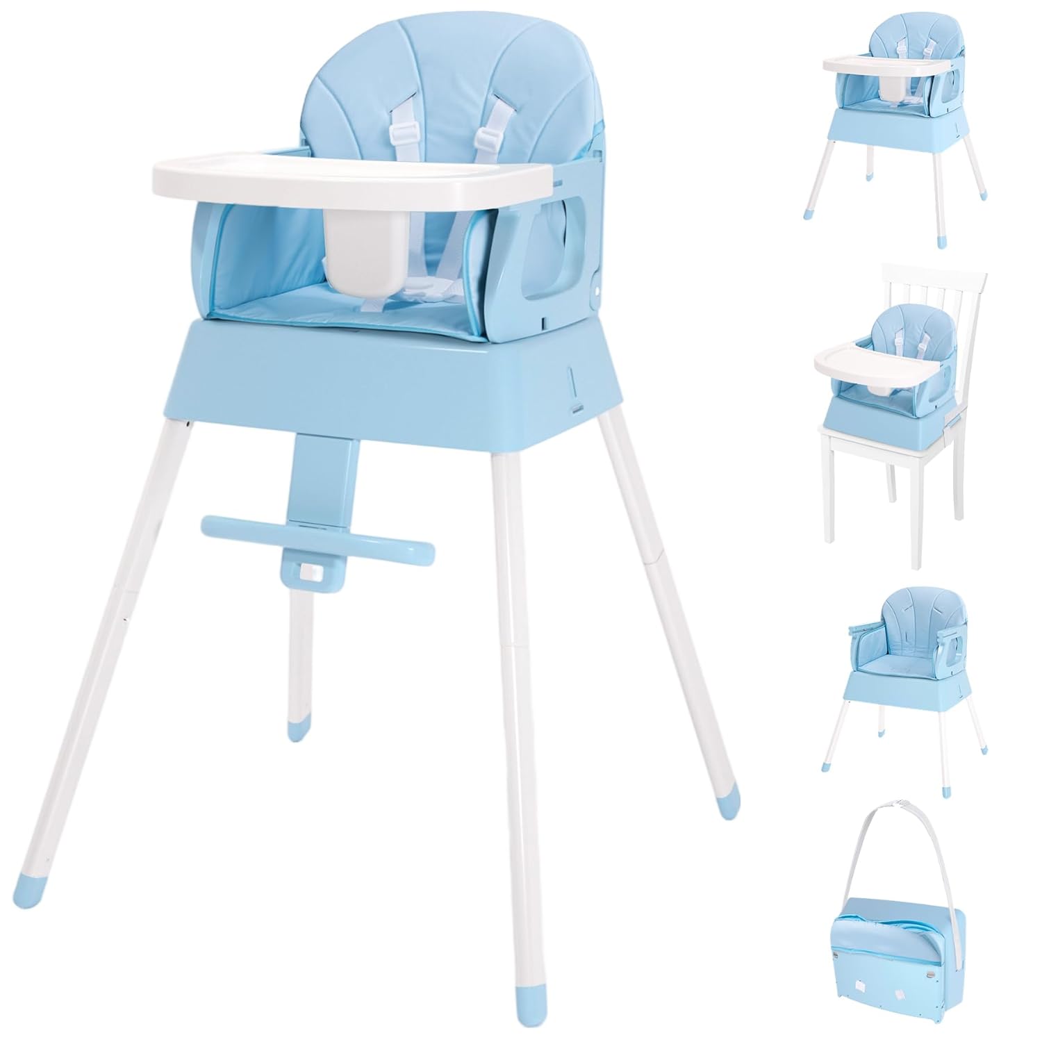 5 in 1 Foldable Baby High Chair,Convertible Highchair for Babies and Toddlers-Portable Infant Booster Seat,Carry Small Box,Dining Chair,Toddler High Chair with 5-Point Harness,Removable Tray-Blue