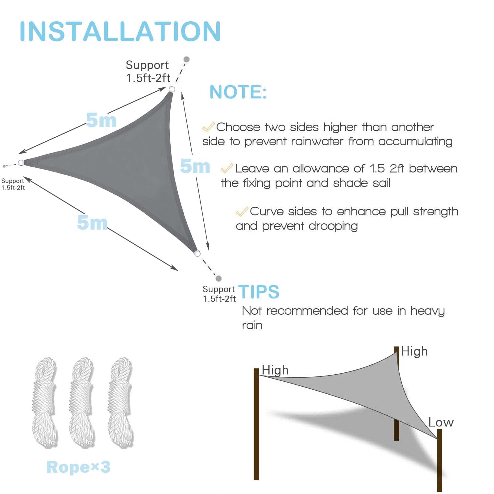 Sunal Voile d'ombrage triangulaire imperméable pour jardin, 5 x 5 x 5 m, blocage de 95 % des UV, auvent avec corde gratuite pour extérieur, pergola, terrasse, jardin, pelouse, gris