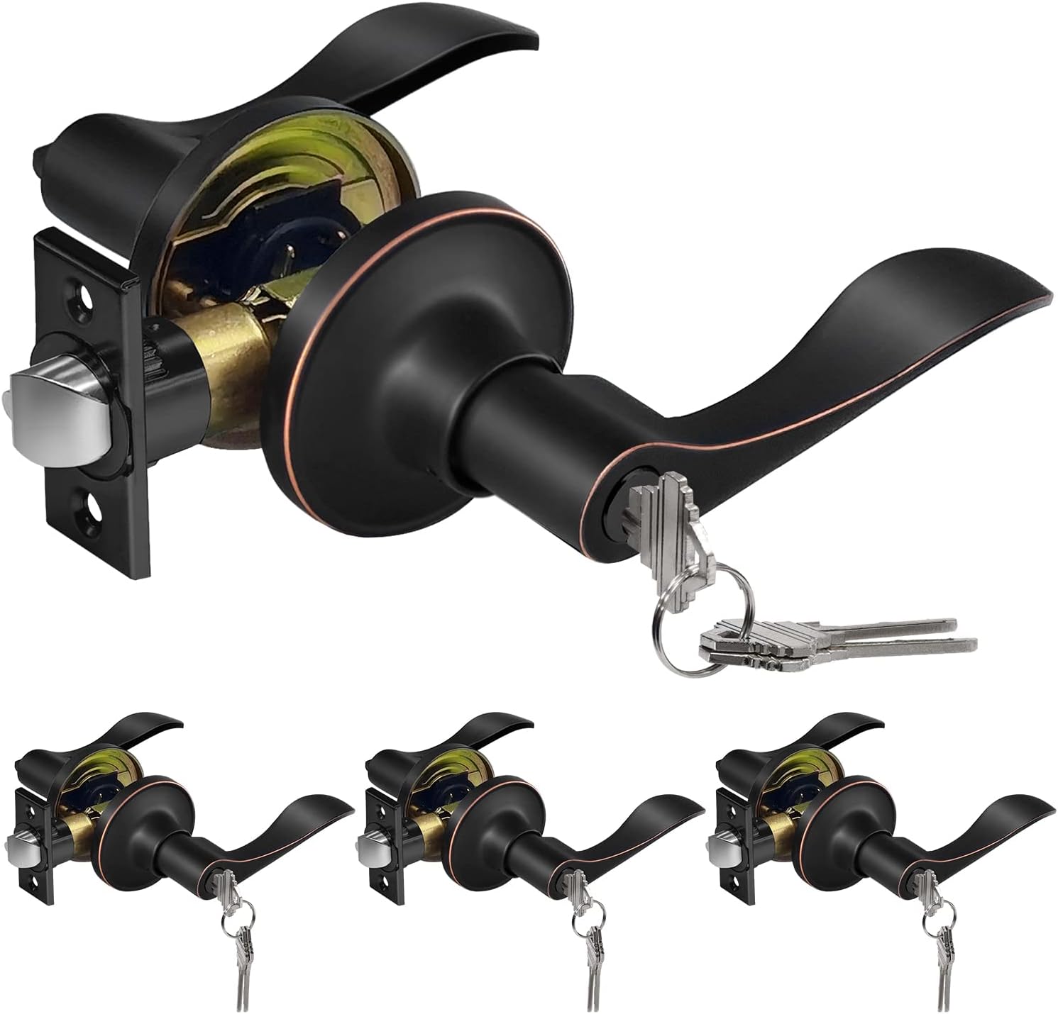 CML Hardware (4 Pack) Entry Door Lever in Oil Rubbed Bronze, Keyed Different Door Handle Lock Set for Entrance, Exterior and Interior, Removable Latch Plate, Reversible for Right & Left Handed