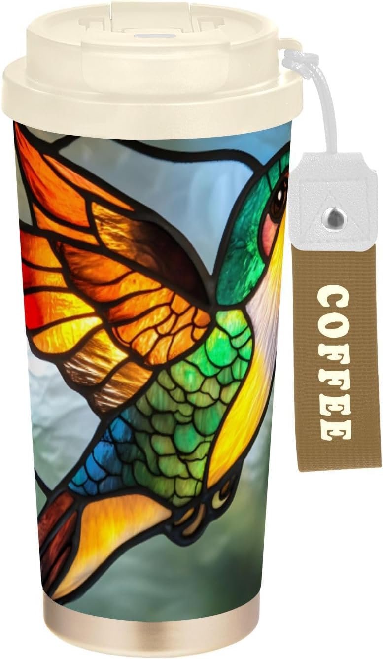 Hummingbird Stain Glass Insulated Coffee Mug with Straw & Flip Lid, 16.9oz Iced Tumbler Cup, Double Wall Vacuum Leak-Proof Mug for Travel Office