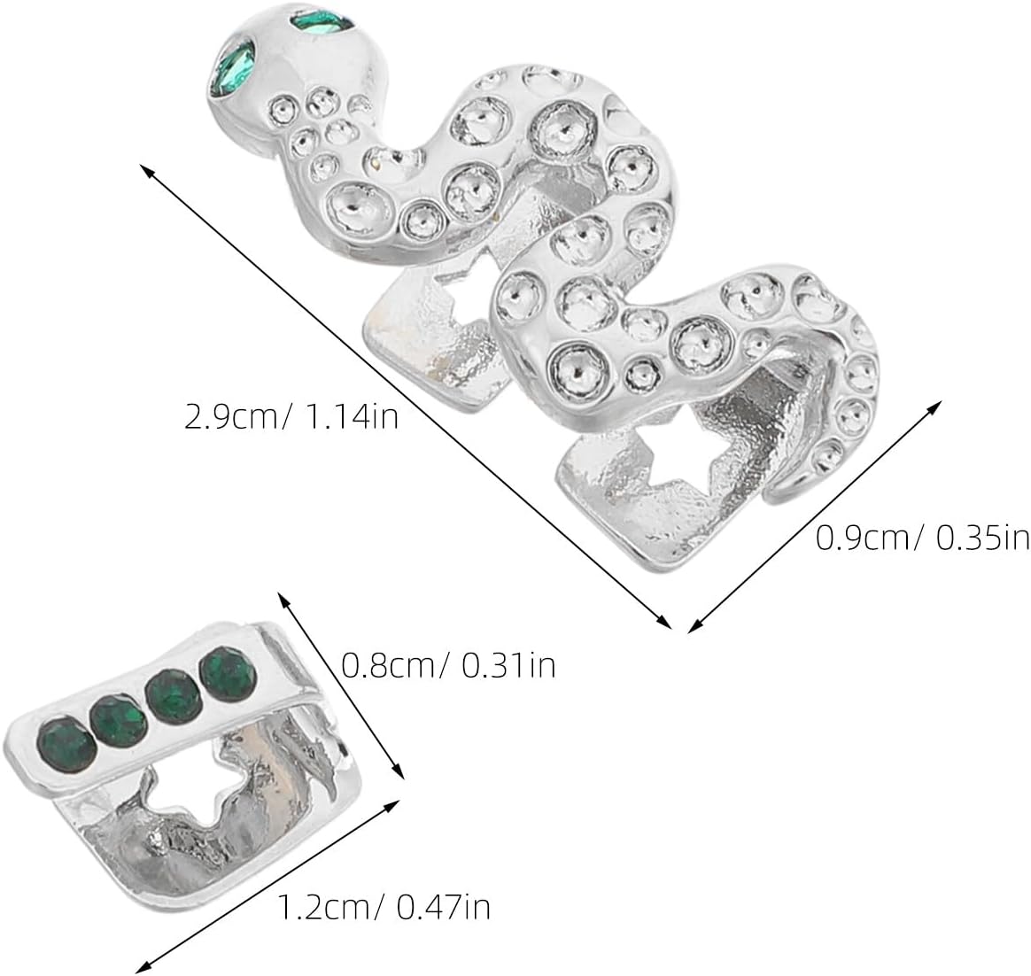 YARNOW Shiny Silver Snake Teeth Grills 2pcs with Rhinestones Hip Hop Metal Tooth Jewelry for Women Rapper Costume Prop Party Accessories