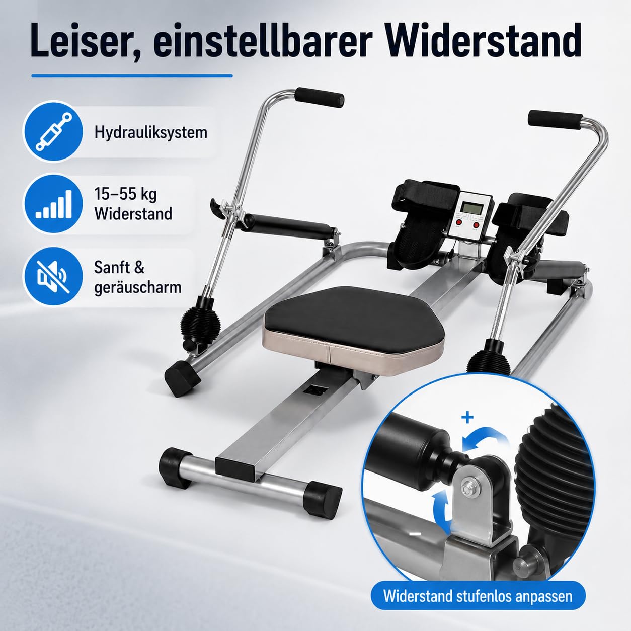 Vogatore per casa Vincitore del test, idraulico completamente mobile, regolabile, con sedile morbido, monitor LCD e guida lunga per esercizi cardio, capacità di carico di 120 kg, 106 x 66 x 10 cm