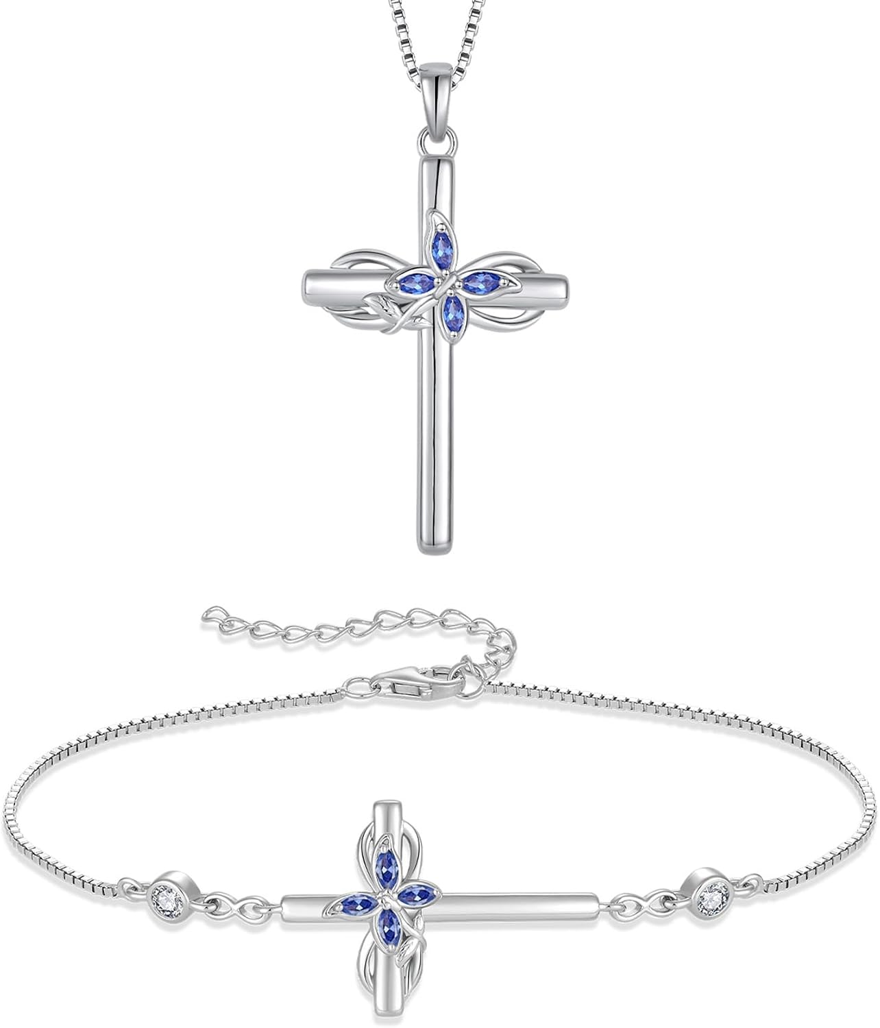 Cross Necklace and Bracelet for Women 925 Sterling Silver Infinity Butterfly Pendant Necklace Bracelet Tanzanite December Birthstone Jewelry Set Crucifix Religious Jewelry