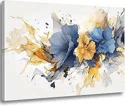 Quadro Decorativo Canvas Flores Abstratas Azul e Dourado Impressão Alta Definicao 4K