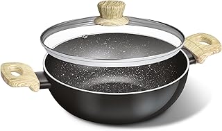 BERGNER Bellini Plus Aura 5-Layer Non-Stick 24 cm Kadai with Glass Lid, 3.6 Litres Kadhai with Soft Touch Wooden Finish Handle, 3.2mm Thickness, Induction Bottom and Gas Stove Ready