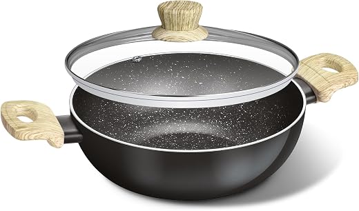 BERGNER Bellini Plus Aura 5-Layer Non-Stick 32cm Kadai with Glass Lid, 7.6 litres Kadhai with Soft Touch Wooden Finish Han...
