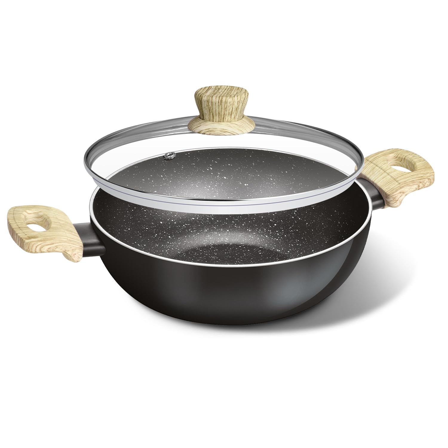 Bellini Plus Aura 5-Layer Non-Stick 32cm Kadai with Glass Lid, 7.6 litres Kadhai with Soft Touch Wooden Finish Handle, Thickness 3.2mm, Induction Base and Gas Stove Ready - Black