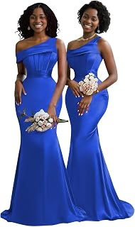 BONOYUER Satin One Shoulder Bridesmaid Dresses for Women Mermaid Corset Prom Dress Long Formal Evening Gown