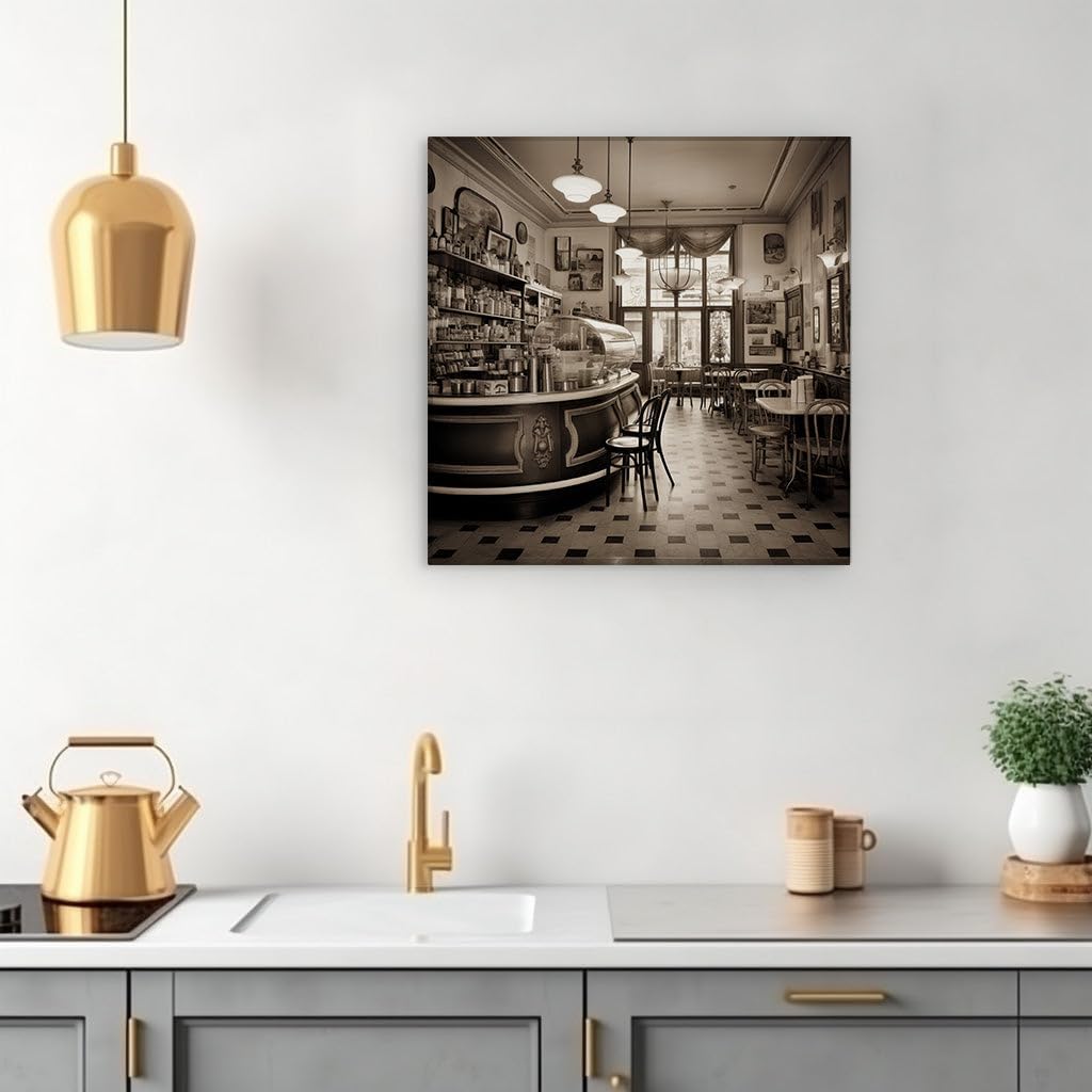 Canvas for Living room. Stepping Back in Time: Elegance and Solitude in a Vintage Black and White Cafe, 27 x 18 inch Canvas Wall Art - Contemporary Masterpieces - Retro Home Decor