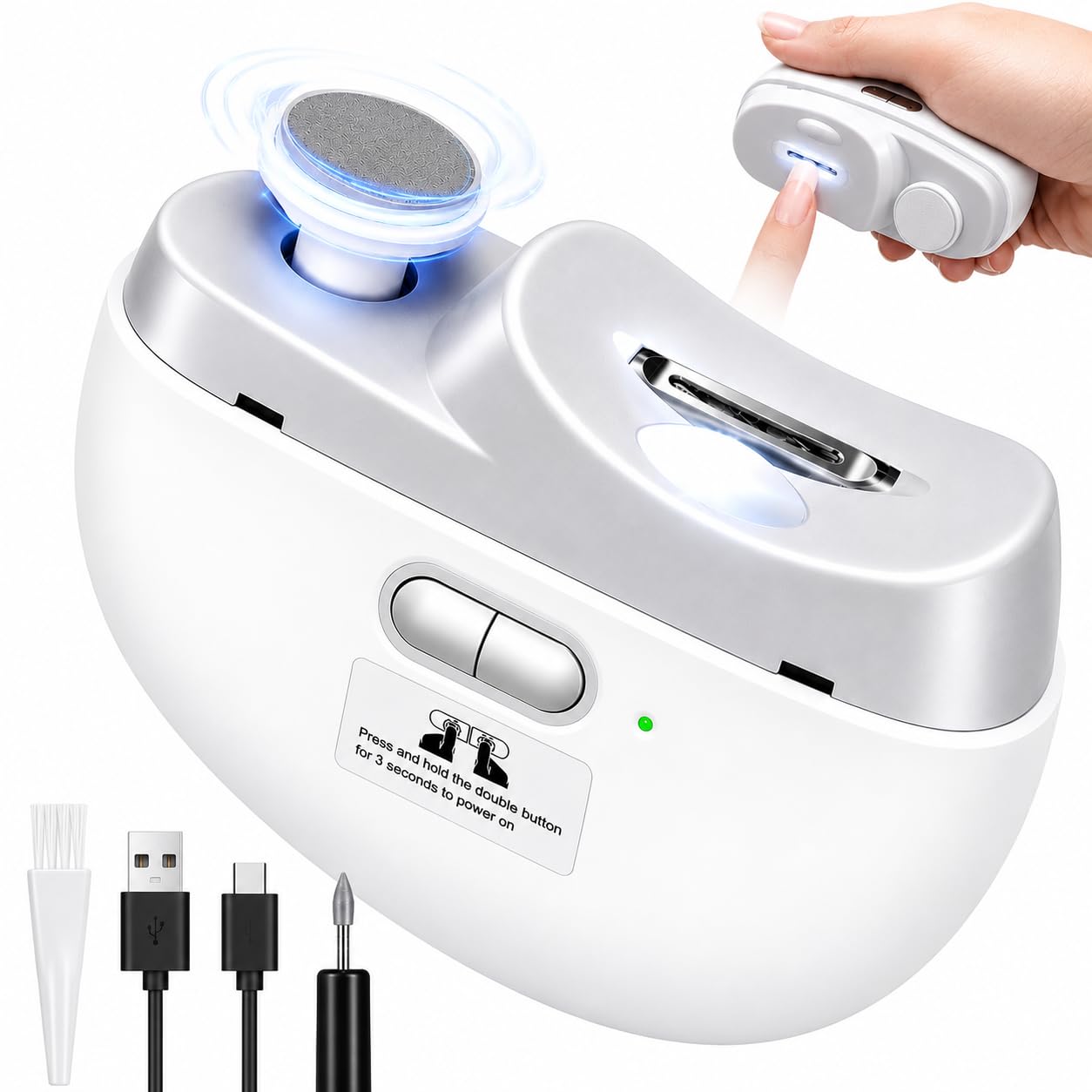 3 in 1 Automatic Electric Nail Clipper, Baby Nail Trimmer Electric with Nail Debris Storage, Rechargeable Toenail & Fingernail Clippers for Seniors & Kids with LED Light, Low Noise White