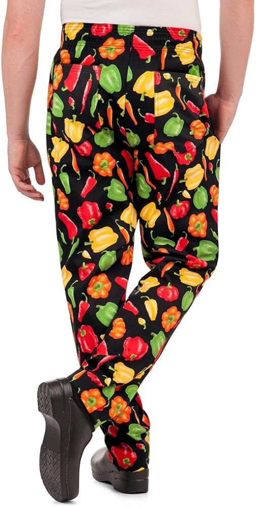Men’s Peppers Print Chef Pant (XS-3X) | Traditional Baggy Fit, 100% Cotton, Elastic Waist: Clothing, Shoes & Jewelry