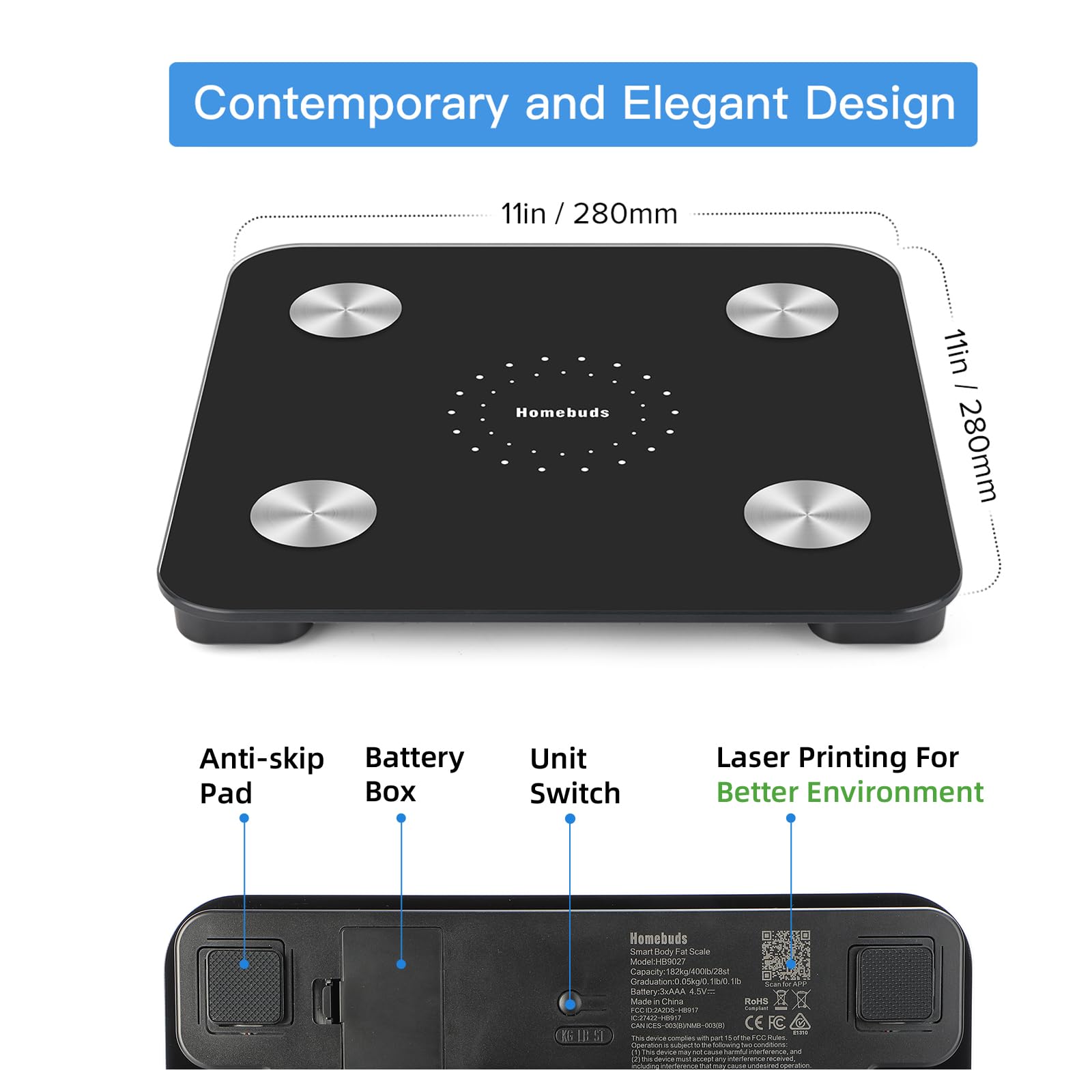 Homebuds Balance Pese Personne, Balance Connectée Bluetooth Pèse Personne Impédancemètre Depuis 2001, Balance Impedancemetre avec BMI/Graisse Corporelle/Masse Osseuse/BMR/Muscle/Eau, 180kg, Noir