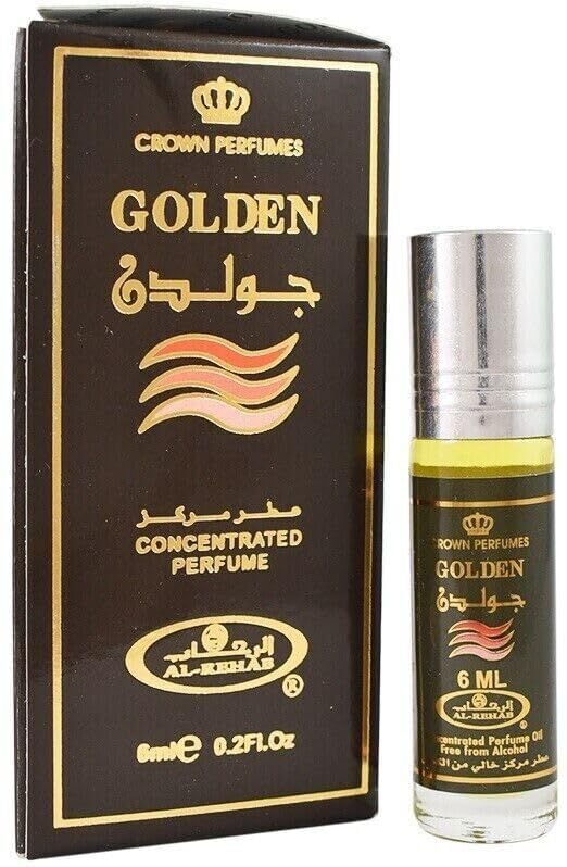 Aceite aromático Golden Al-Rehab Roll-On de 6 ml – Misk Musk Attar Alaaffan Amber Oud Árabe sin alcohol para mujer y hombre Fragrancia oriental con pegatinas Kajal