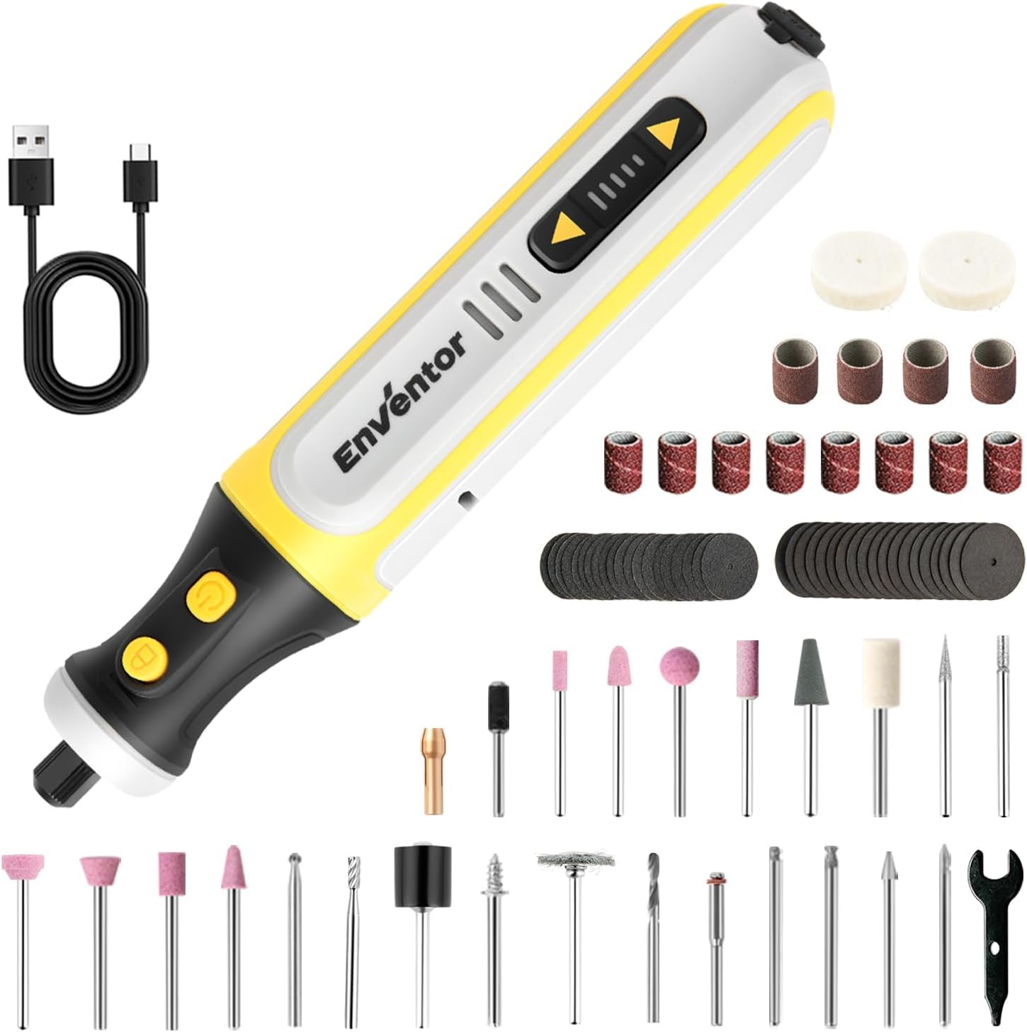 Enventor Mini Amoladora Bateria 8V con 80 Accesorios, Mini Herramienta Rotativa Multifunción con 5 Velocidades Ajustables, 5000-28000RPM, Carga USB, para Grabar, Aamolar, Pulir, Taladrar