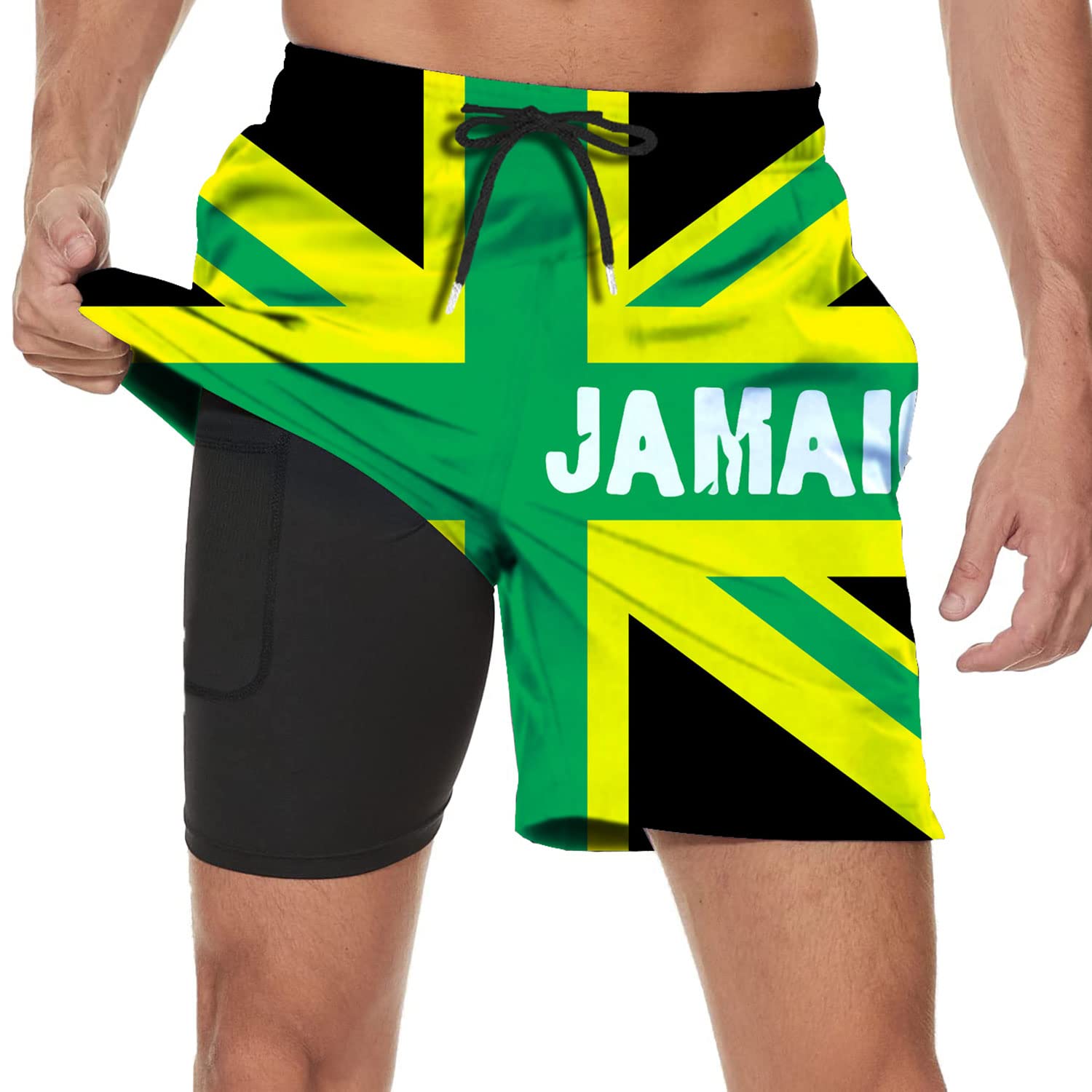 BUGKHD Jamaica Jamaican Kingdom Flag Men's Summer Beach Shorts, Athletic Trunks, Black 2-jamaica Jamaican Kingdom Flag, X-Large
