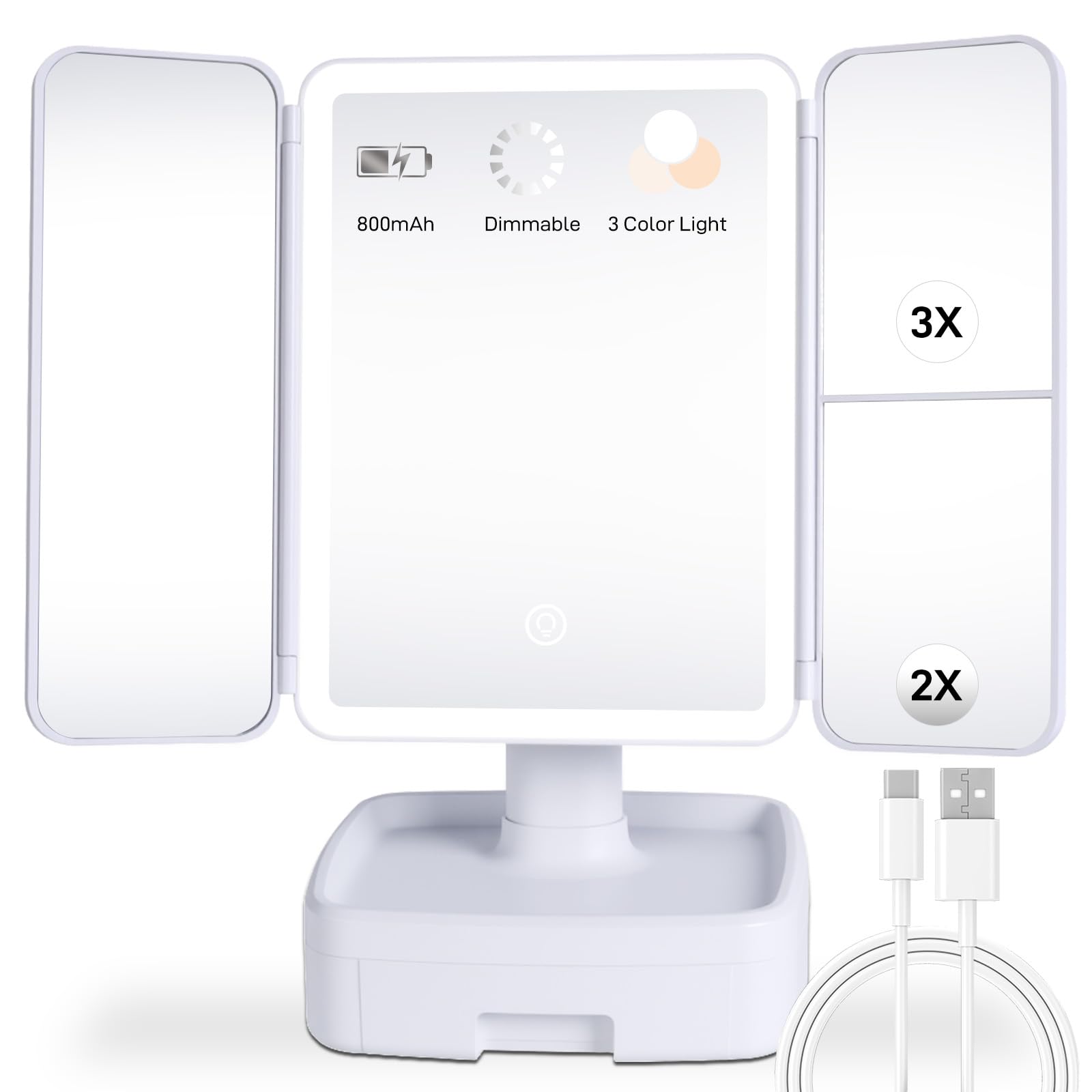 Fercexmy Makeup Mirror with LED Light, 1X/2X/3X Magnification, Rechargeable Vanity with Storage Box, Touch Control 3-Color Lighting, Portable Trifold