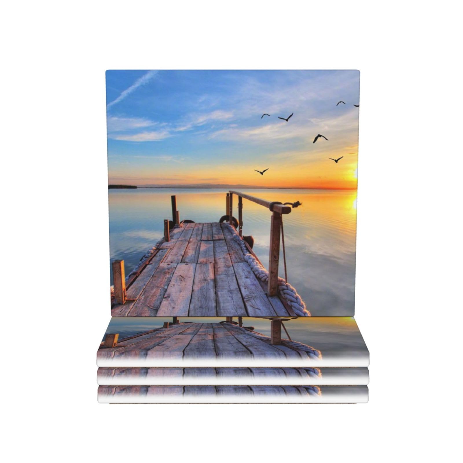 Lot de 4 dessous de verre en céramique Motif lac sous le coucher du soleil