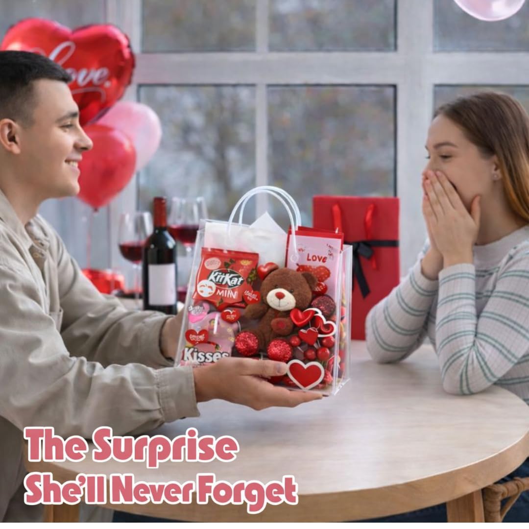 Valentine’s Day Package with Teddy Bear & Chocolate – Romantic Candy Gift Set for Her or Him, Valentine Day Gift Basket with Sweets, V-Day Heart Bag & Greeting Card Included
