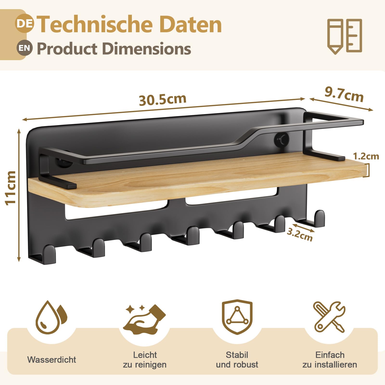 Yorbay Schlüsselbrett mit Ablage aus Holz: Multifunktionales Schlüsselboard für die Wand mit 7 Haken – Platzsparender Schlüsselhalter für Eingang, Flur, Schlafzimmer, Wohnzimmer