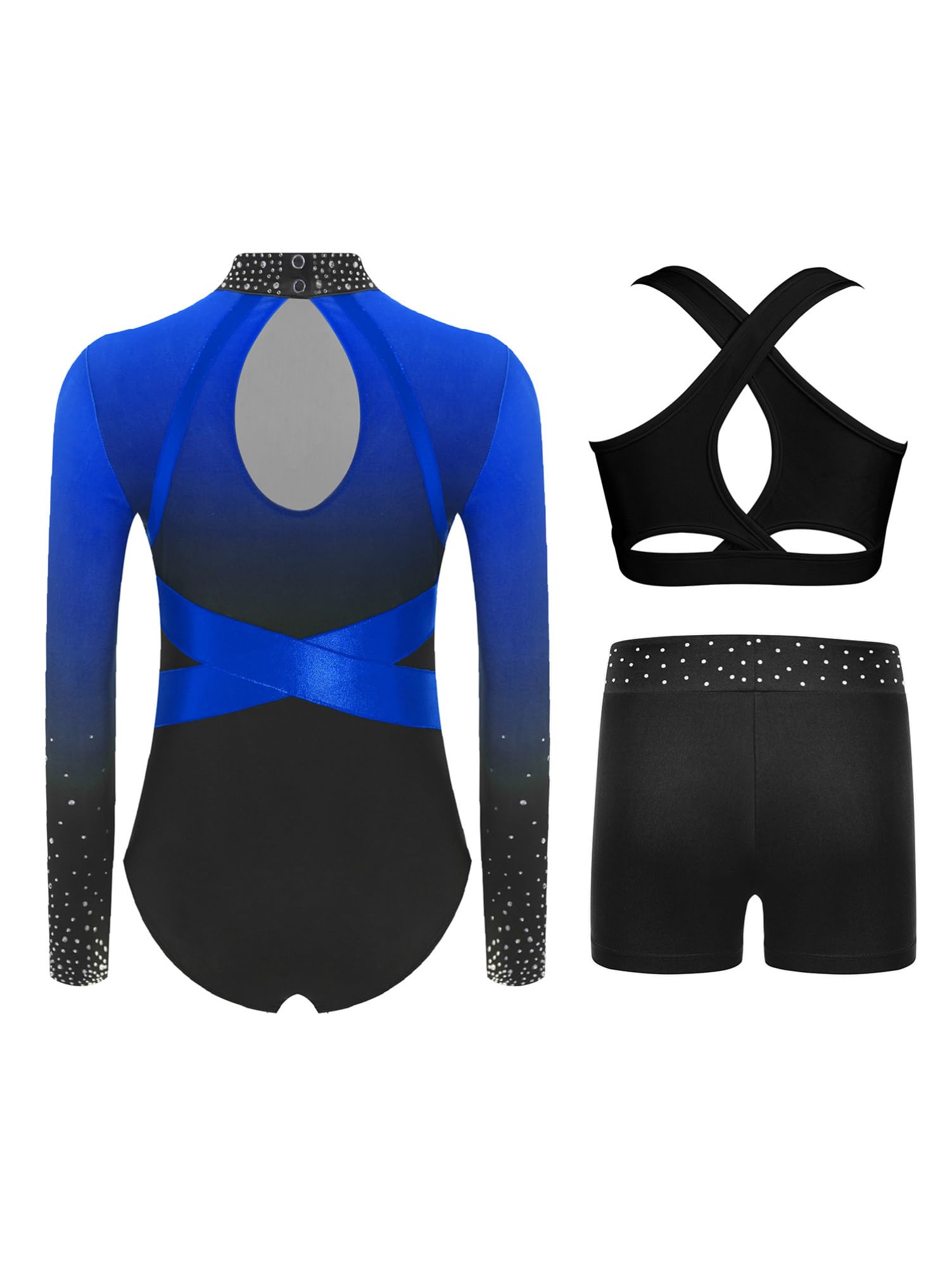 Alvivi Mädchen Turnanzug Glitzer Gymnastikanzug Langarm Ballettanzug mit Shorts Haarband Gymnastik Leotard Wettbewerb Tanzkostüm