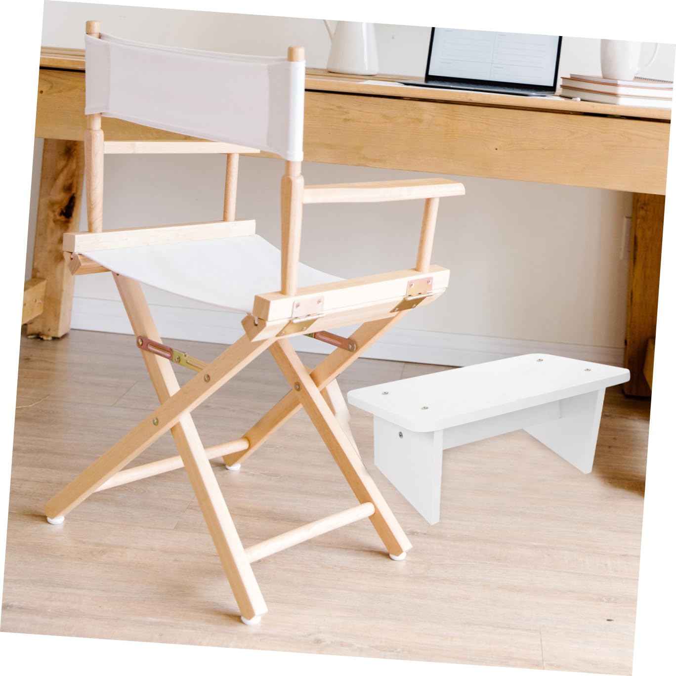 Sgabello Poggiapiedi Ergonomico in Legno Bianco per Ufficio e Casa